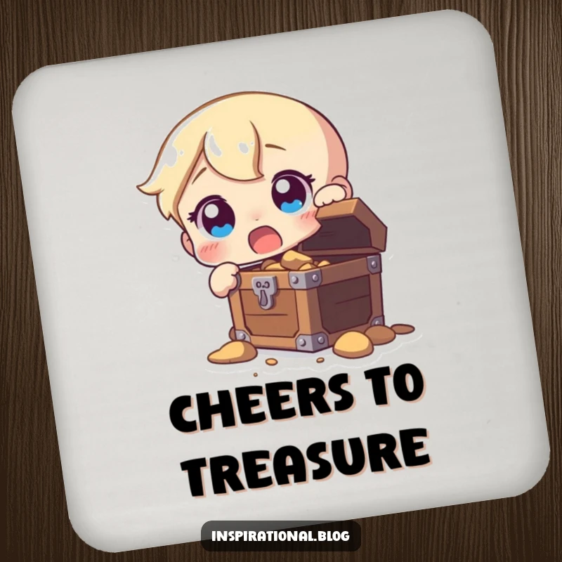 Funny drink coaster showing a character's astonished expression upon finding a hidden treasure chest, adding humor to tabletops.