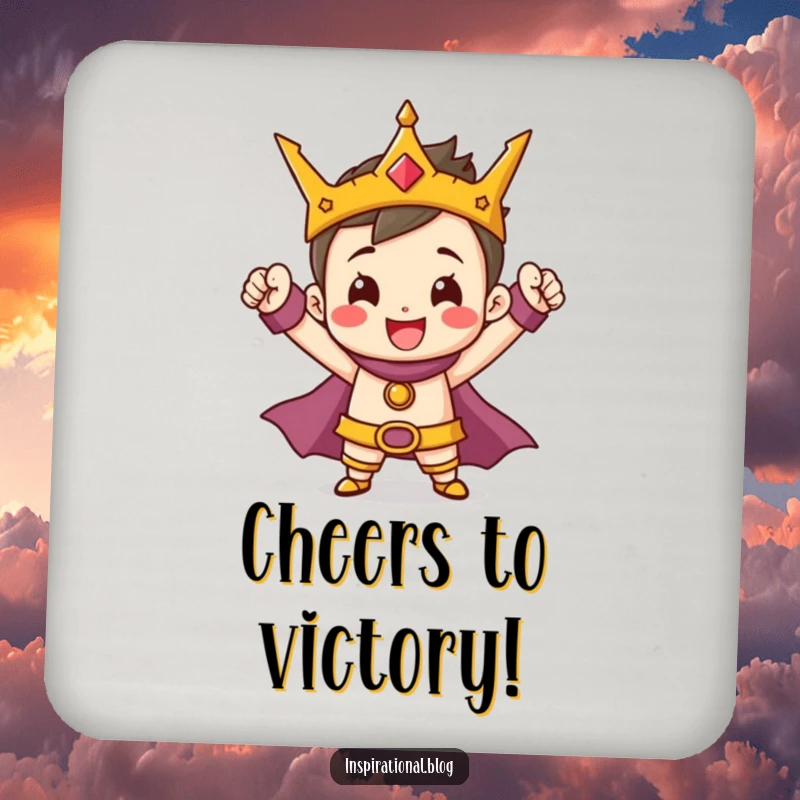 Funny Hero Coaster featuring a cheerful, tiny character striking a heroic pose, protecting surfaces with valor.