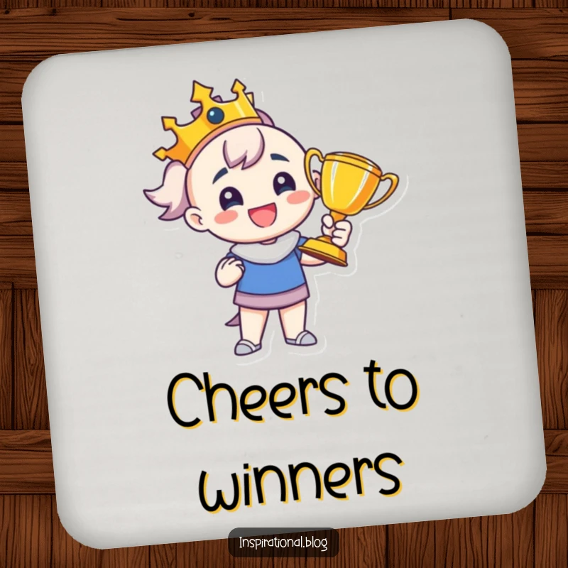 Funny drink coaster with a proud character holding a trophy, adding celebratory vibes to tables while protecting surfaces.