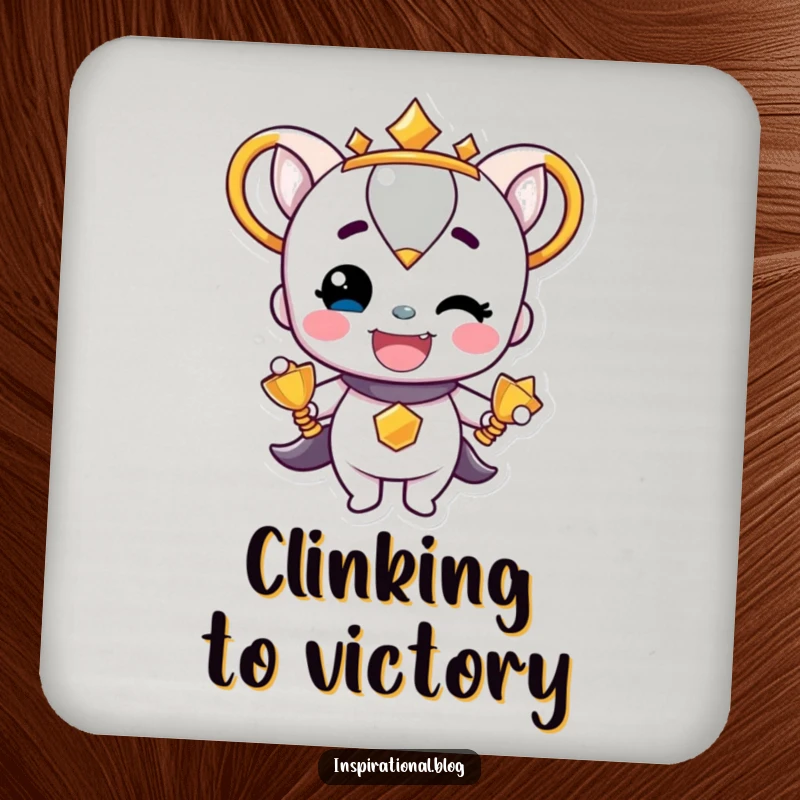 Funny Trophy Character beaming with pride on a drink coaster, adding a touch of celebratory humor to surface protection.