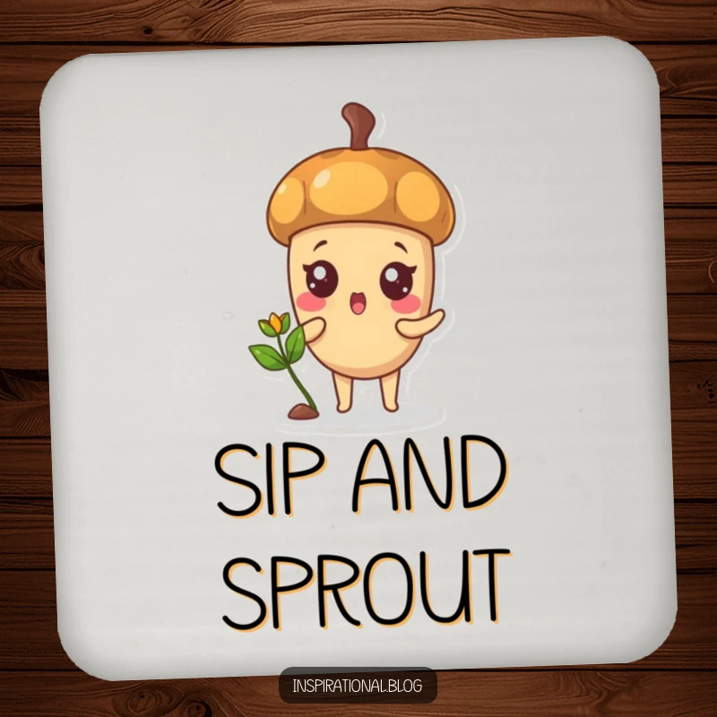 Funny coaster showing a surprised acorn with a tiny sprout, representing growth and protecting surfaces.