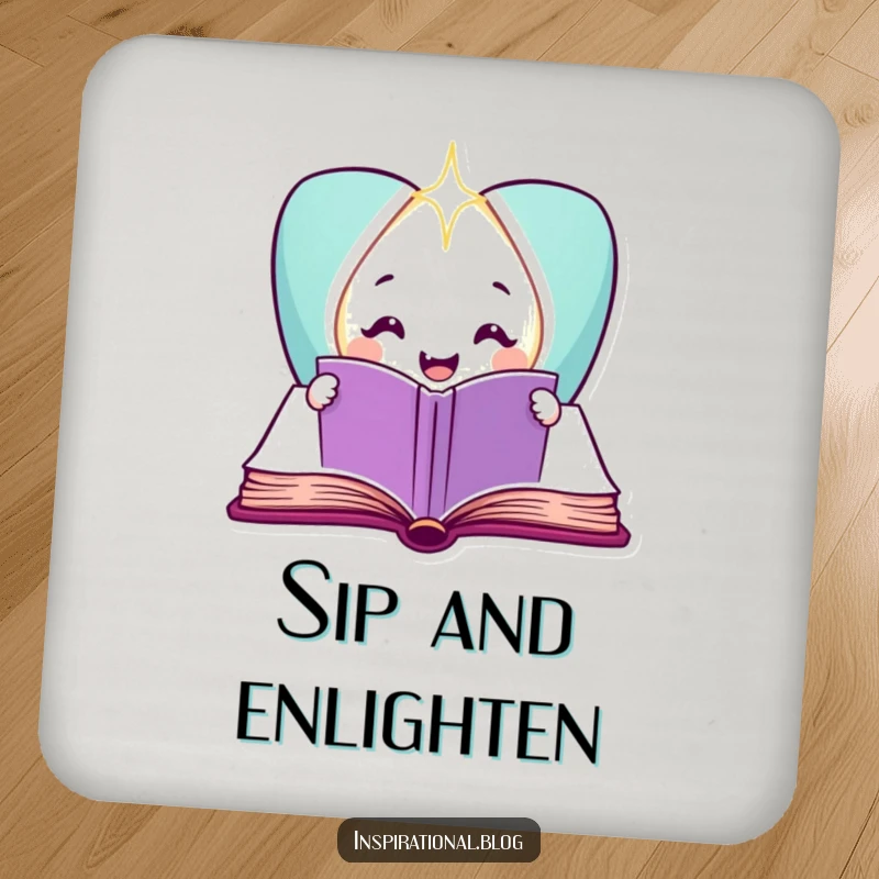 Funny smiling book character on a drink coaster, revealing light for magical protection.