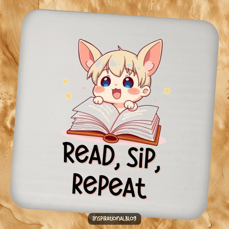 Funny book character with fluttering pages featured on a drink coaster, adding a touch of literary fun.