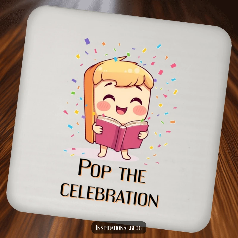 Funny Drink Coasters featuring a smiling book character launching colorful confetti, adding a humorous touch to any surface.