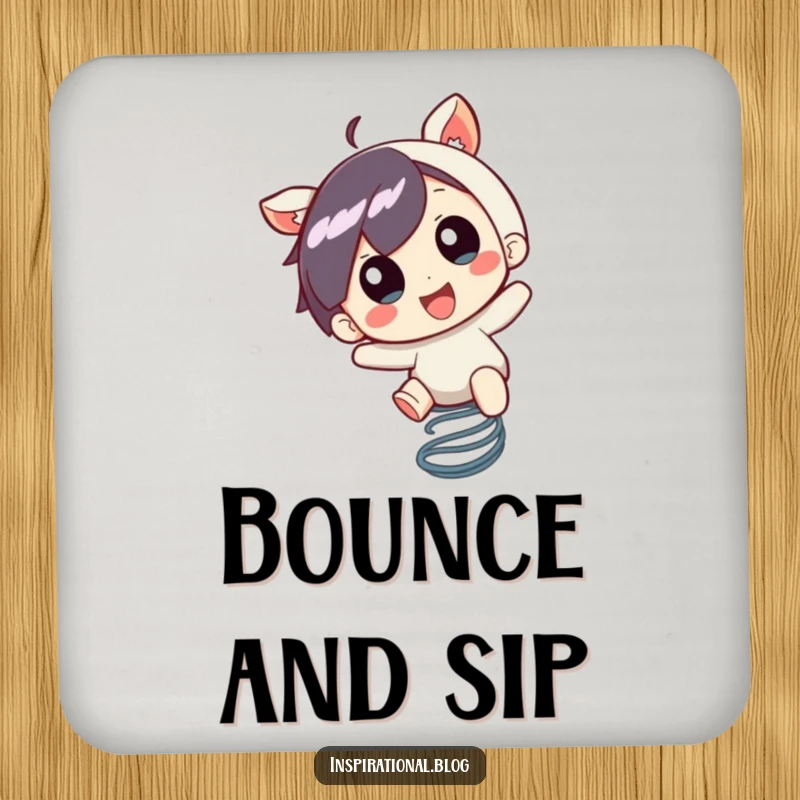 Funny Coasters: A little character bounces on a spring with pure excitement, protecting surfaces with dynamic fun.