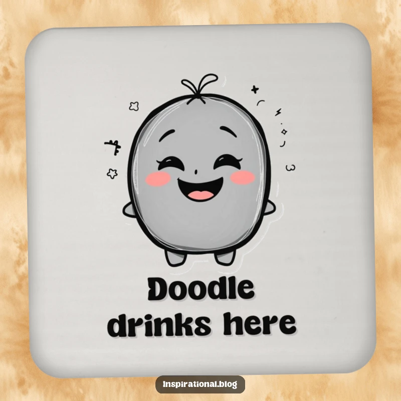 Funny Drink Coasters featuring a chalkboard character, exaggerated smile, and a funny doodle, adding artistic humor.