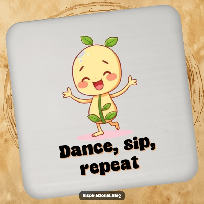 Funny seedling character doing a happy dance on a drink coaster, bringing cheerful plant vibes.