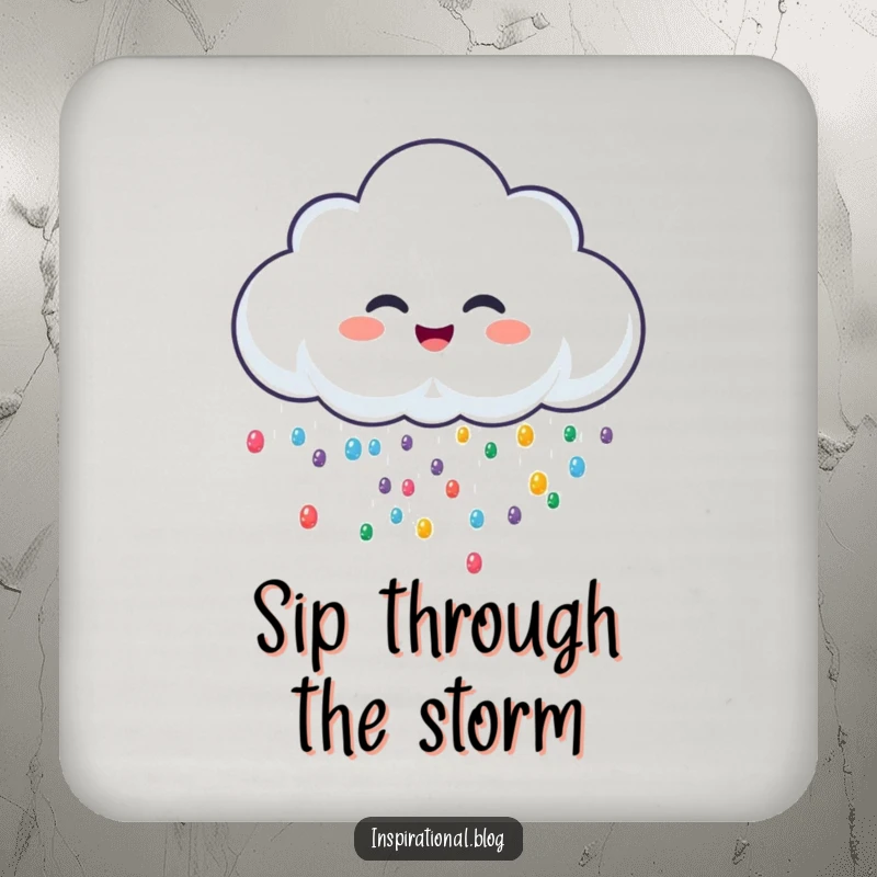 Funny drink coasters featuring a cheerful rain cloud character giggling and sprinkling tiny, colorful drops, protecting surfaces with humor.