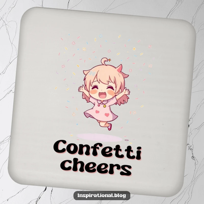 Funny drink coaster showing a character dancing with glee amidst a shower of confetti, perfect for festive tabletops.