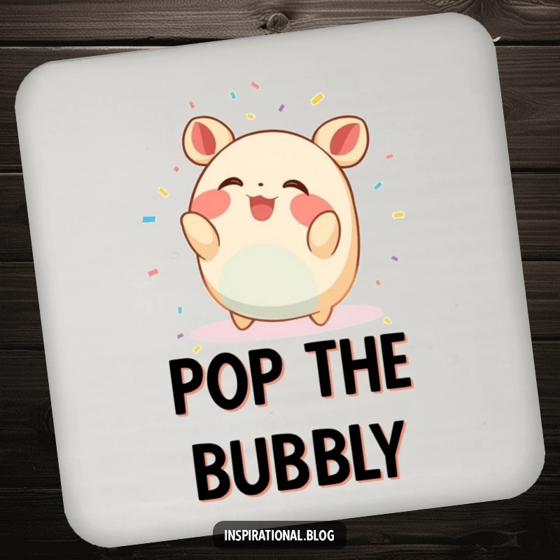 Funny Coasters: A small, round creature throws confetti and giggles, protecting surfaces with cheerful fun.