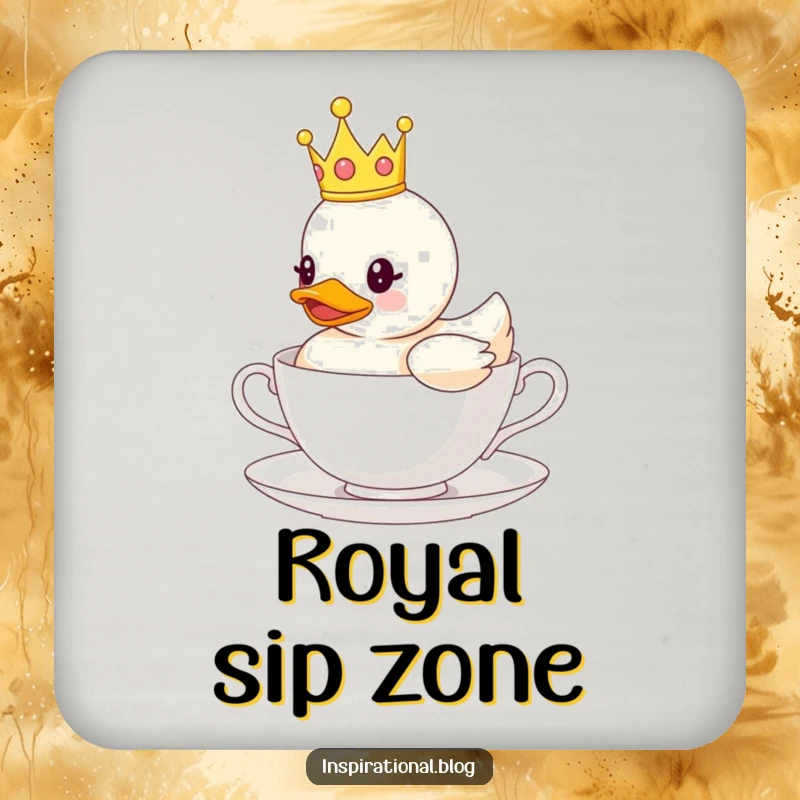 Funny drink coaster with a rubber duck wearing a crown, floating on a teacup, perfect for surface protection and adding whimsical charm.