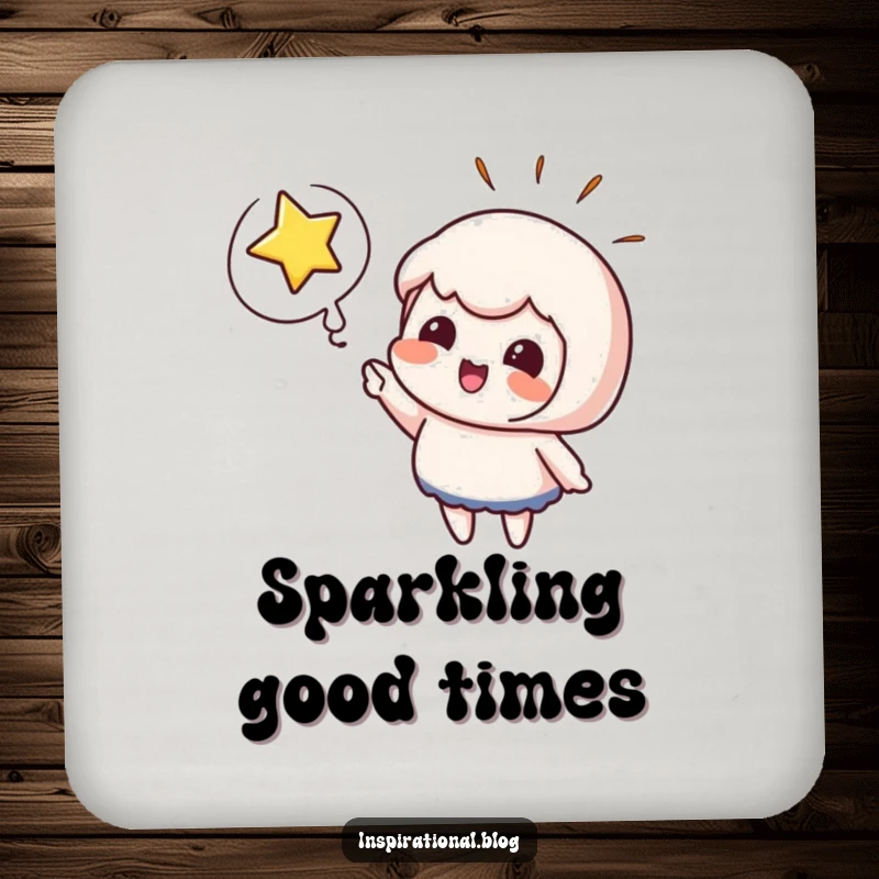 Funny drink coaster with a cute character pointing at a bursting star, thought bubble included. Adds charm to surfaces.