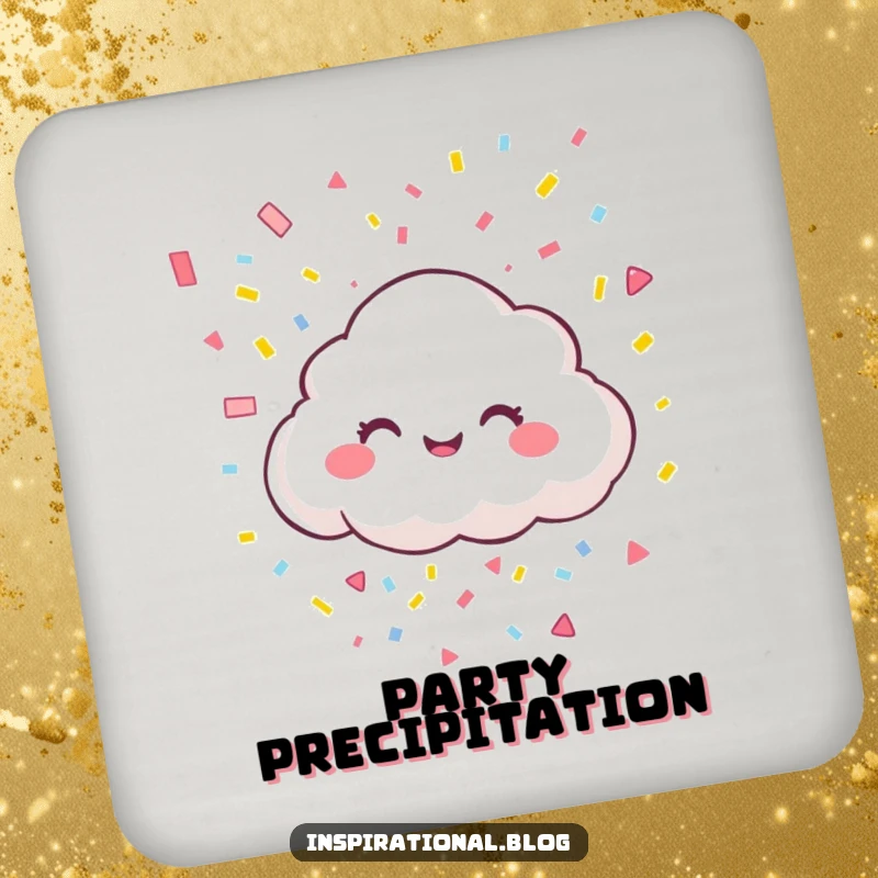 Funny drink coasters featuring a giggling cloud character raining colorful confetti, protecting surfaces with festive cheer and humor.