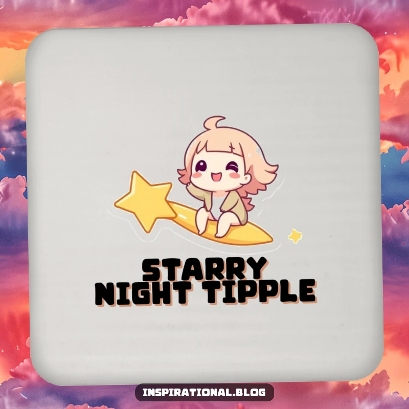 Funny drink coaster featuring a giggling character riding a shooting star, adding wonder and humor to any surface.