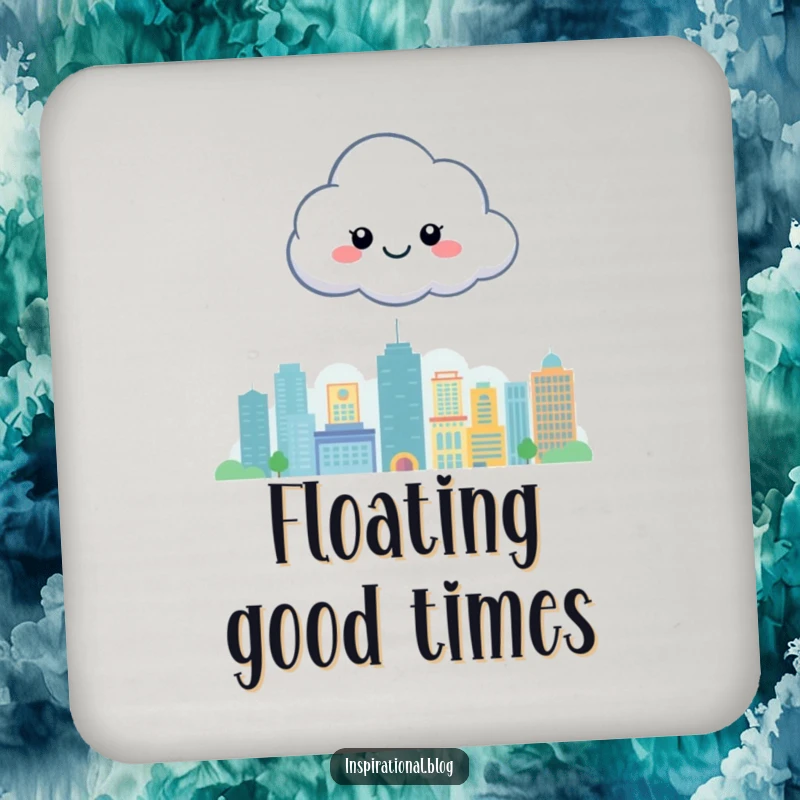 Funny drink coasters featuring a happy cloud character floating above a stylized cityscape, adding a touch of charm to any table.