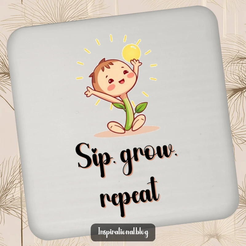 Funny seedling character stretching towards the sun, printed on a drink coaster to add a cheerful touch.