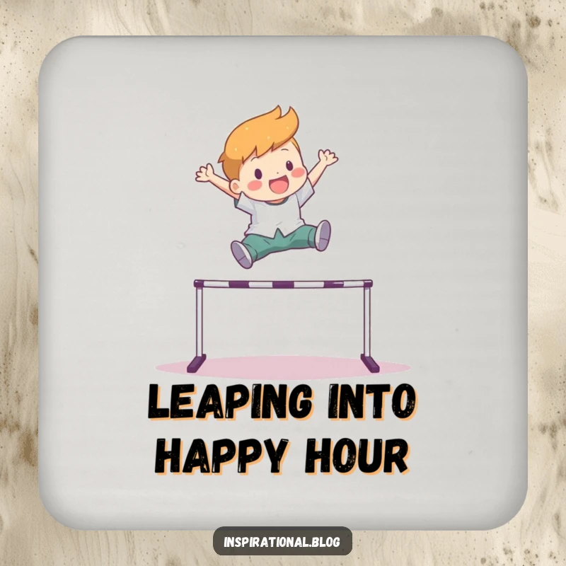 Funny drink coaster showing a character leaping joyfully over a hurdle, adding energetic and protective style to surfaces.