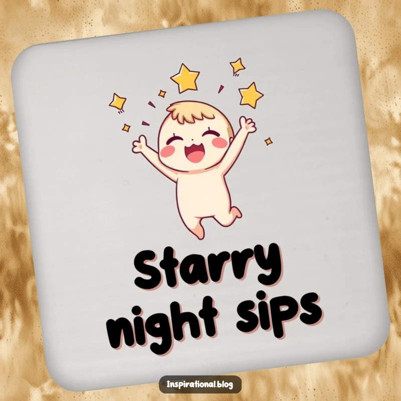 Funny Coaster Set: Tiny characters leap with stars bursting around their heads, symbolizing pure joy and adding a vibrant touch to your drink area.