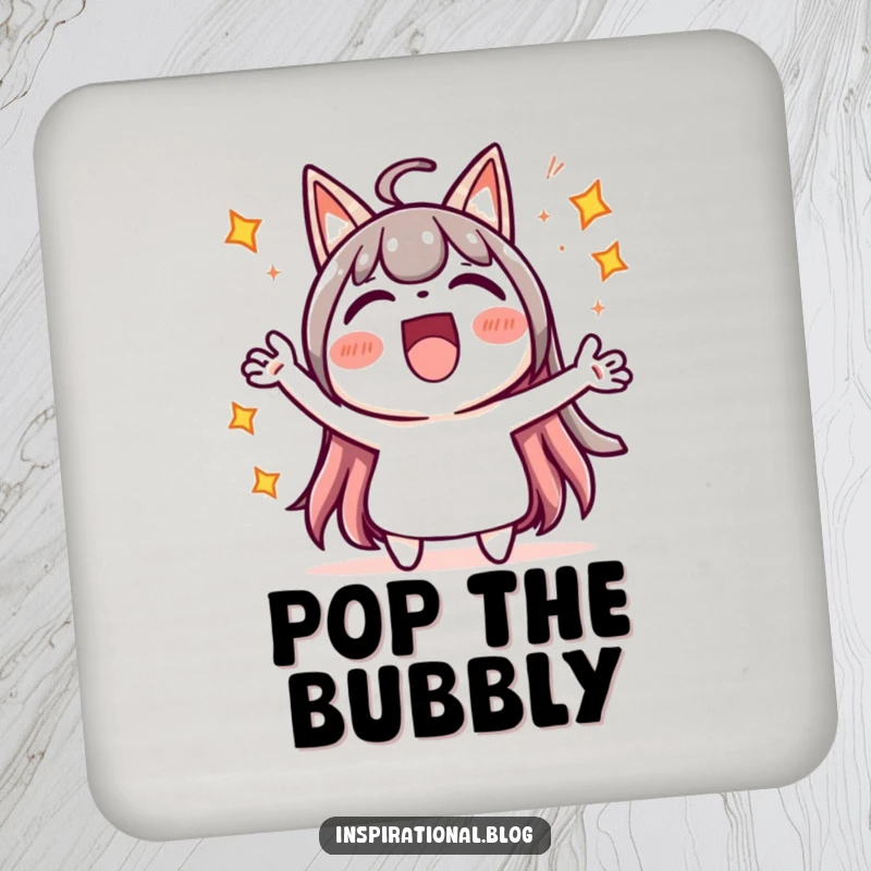 Funny drink coaster with a cute kawaii character cheering loudly, surrounded by energetic starbursts, for stylish table protection.