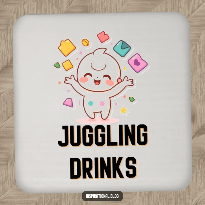 Funny drink coaster with a cute kawaii character juggling colorful shapes, protecting tables with playful flair.