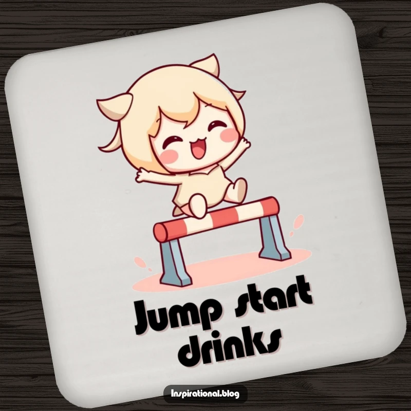 Funny drink coaster featuring a kawaii character in a dynamic leap over a tiny hurdle, adding a humorous touch to drink protection.