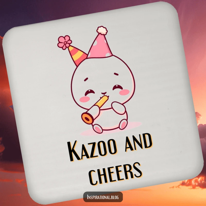 Funny drink coaster with a cute kawaii character in a party hat, playing a kazoo, protecting tables with flair.