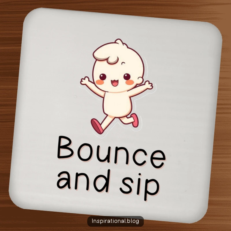 Funny drink coaster with a cute kawaii character skipping with a bouncy step, protecting surfaces with joy.
