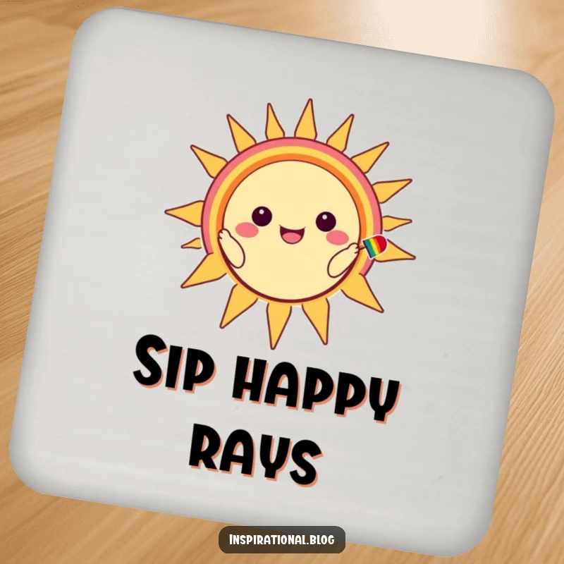 Funny drink coasters featuring a kawaii character painting a rainbow smile onto a happy sun illustration.