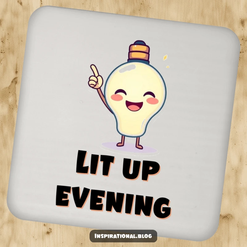 Funny Lightbulb Coaster featuring a smiling, beaming lightbulb pointing upwards, protecting surfaces with inspiration.