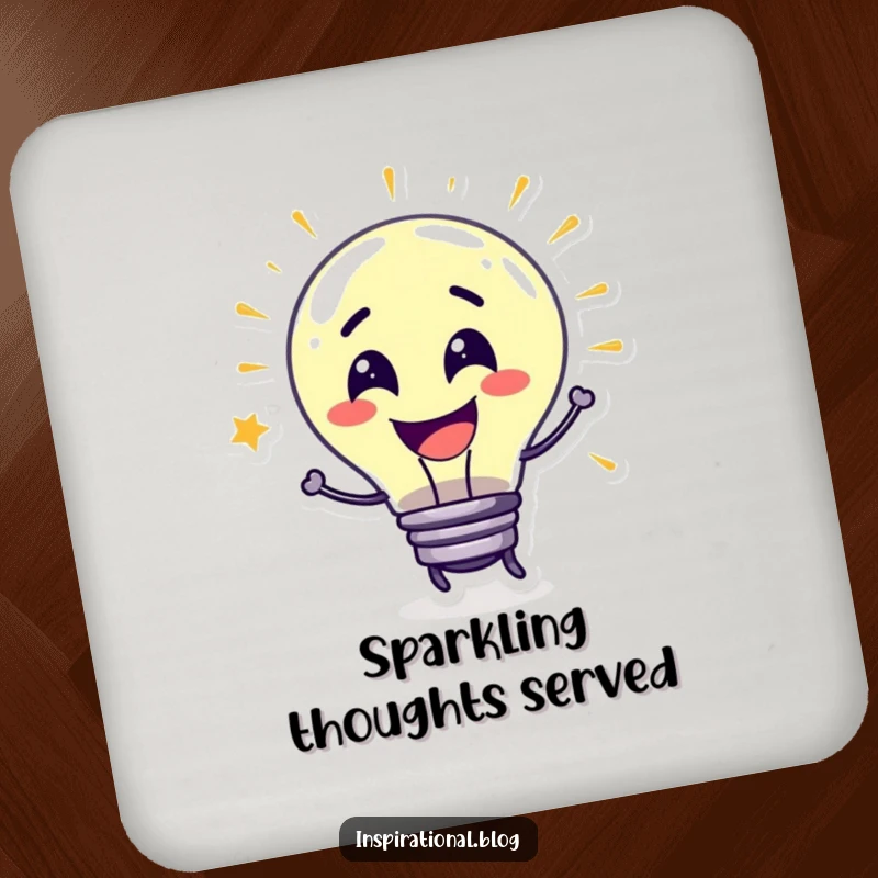 Funny Drink Coasters featuring a grinning lightbulb character bursting with ideas, adding a smart and humorous touch.