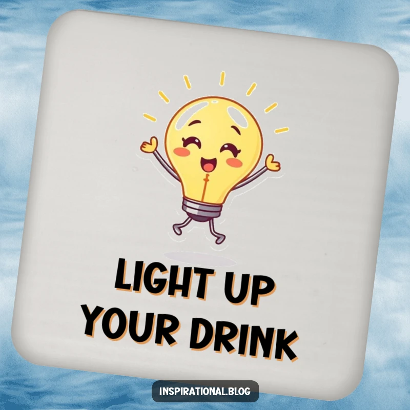 Funny drink coasters featuring a dancing lightbulb character with a warm glow and energetic movement, protecting surfaces humorously.