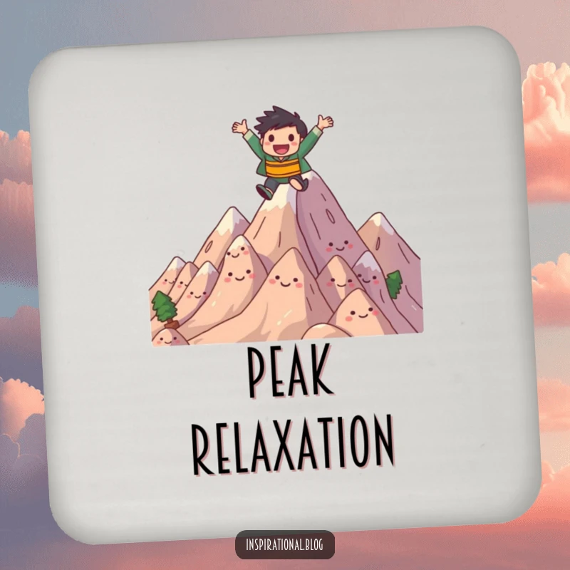 Funny drink coaster with a joyful character leaping over smiling, stylized mountains. Adds adventure to any surface.
