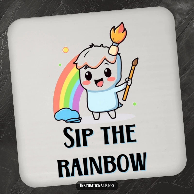 Funny Coaster depicting a paintbrush character painting a beautiful rainbow, adding a splash of colorful art to protect your drinks.