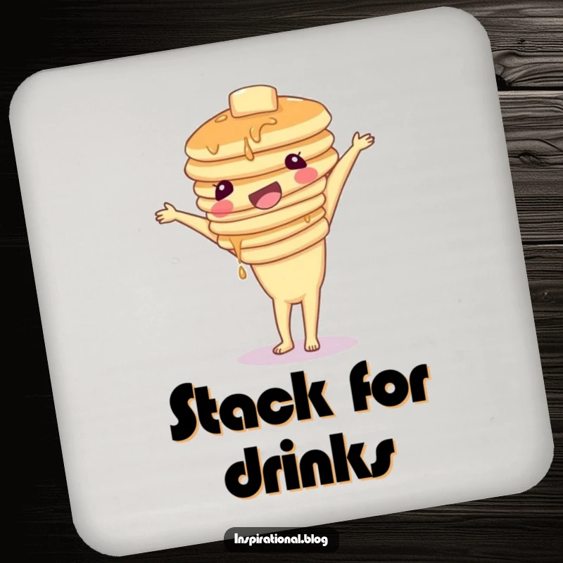 Funny drink coaster depicting a wobbly stack of pancakes attempting a handstand, perfect for surface protection and adding whimsical charm.