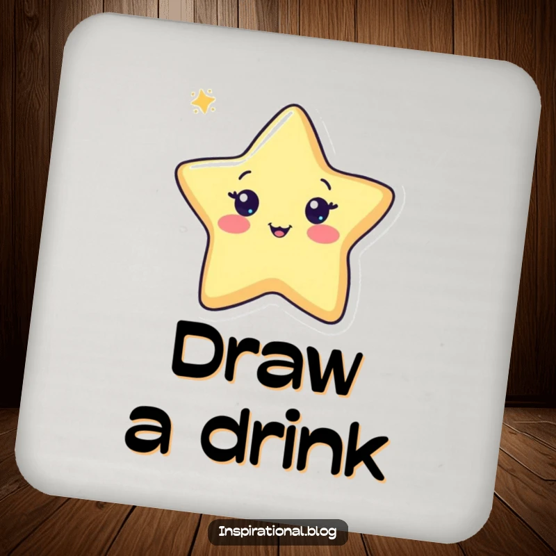 Funny pen coaster depicting a cheerful pen character drawing a star, adding a charming and humorous touch to any drink setting.