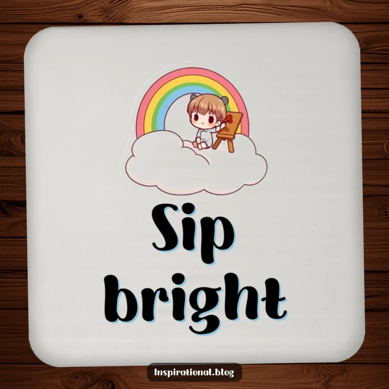 Funny drink coaster featuring a character painting a rainbow on a cloud, adding artistic flair and humor.