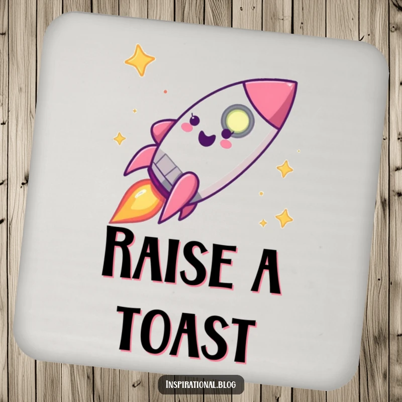 Funny happy rocket ship character on a drink coaster, bringing space-themed protection.