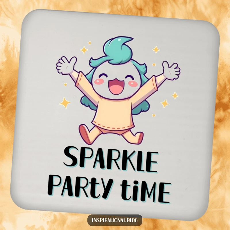Funny drink coaster showcasing a character in a joyful mid-air leap surrounded by shimmering sparkles, perfect for tabletops.