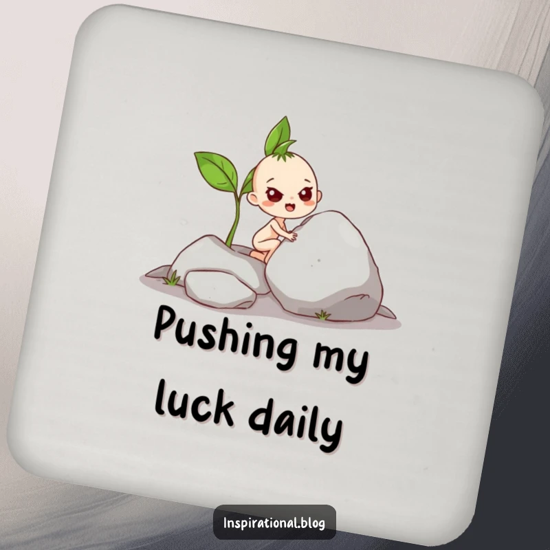 Funny Coaster: Drink coaster featuring a determined sprout character pushing a large rock, adding humor to tabletops.