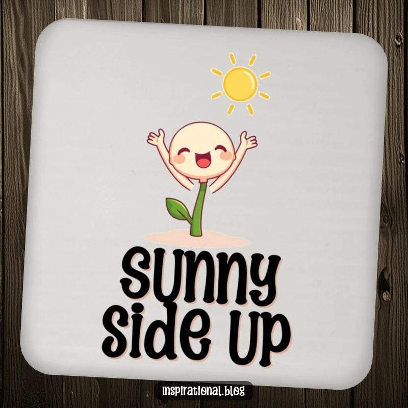 Funny Drink Coaster featuring a cute sprout character joyfully reaching towards the sun, bringing sunny charm to tabletops.