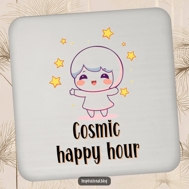 Funny drink coaster showcasing a beaming character juggling luminous stars, adding a touch of cosmic fun to tabletops.