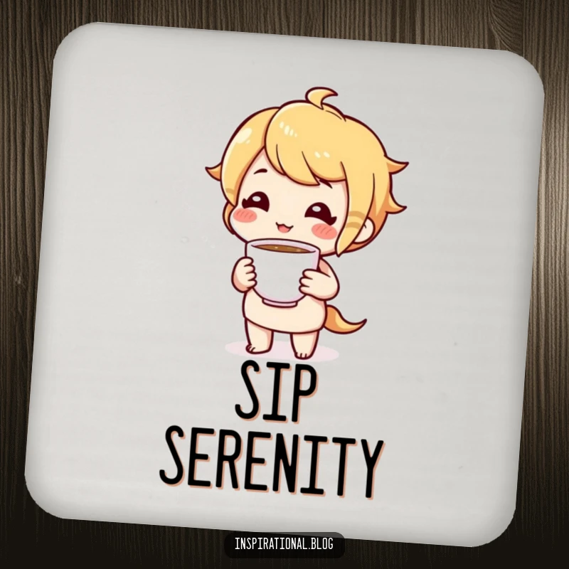 Funny drink coaster featuring a cheerful character offering a cup of tea, perfect for cozy gatherings.