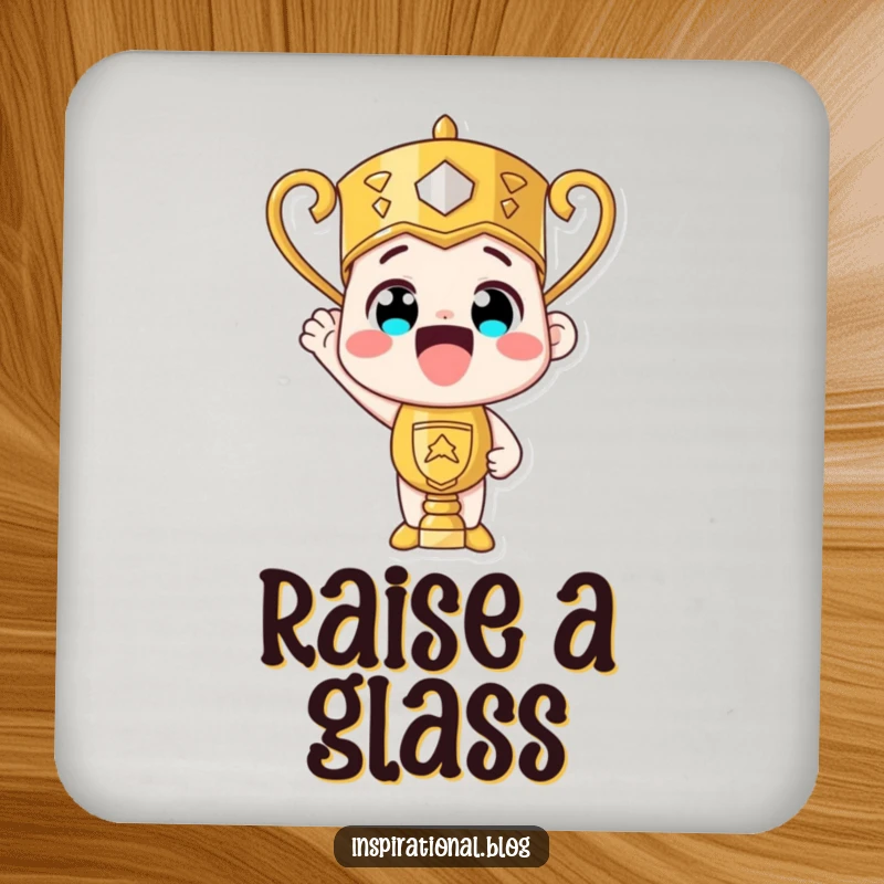 Funny trophy character beaming with pride, a set of coasters bringing humorous celebration and protection.