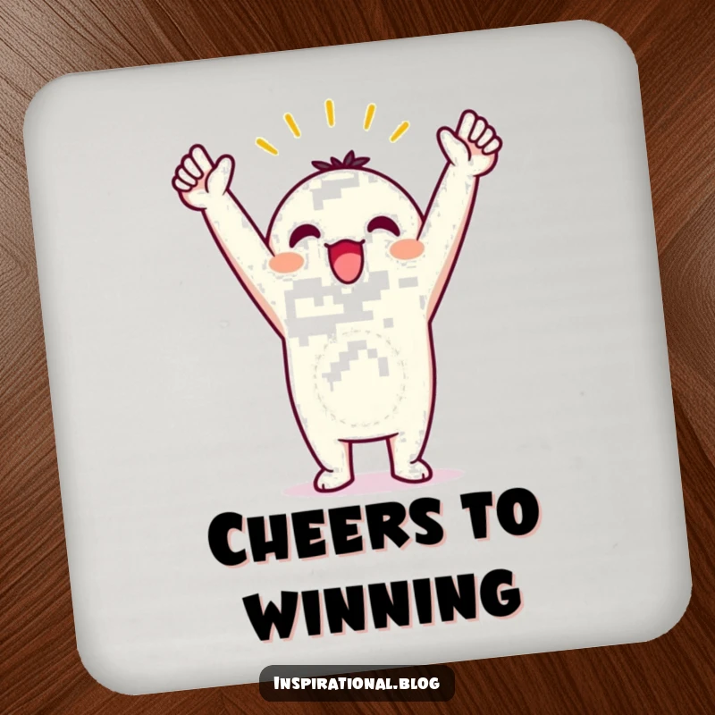 Funny drink coasters featuring a kawaii character in a triumphant pose with arms raised, celebrating a victory.