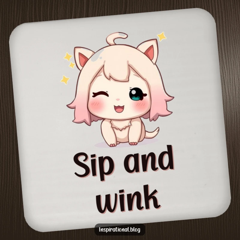 Funny drink coaster featuring a little character giving a playful, sparkly wink and a happy sigh, adding charm.