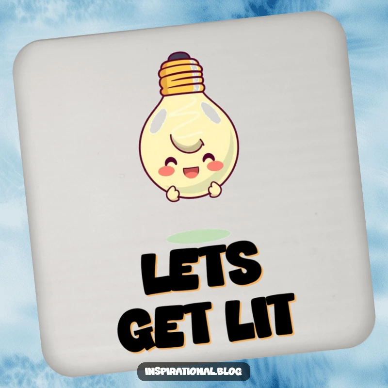 Funny drink coaster with a character peeking from behind a smiling, floating lightbulb. Adds intelligence and humor to surfaces.