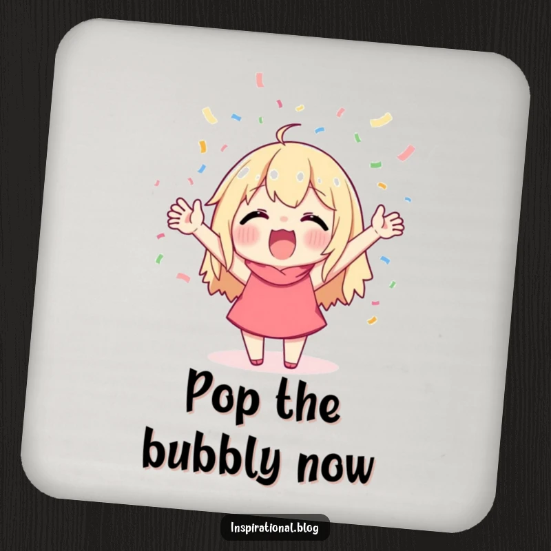 Funny drink coaster showing a character cheering with confetti raining down, protecting surfaces with festive and celebratory style.