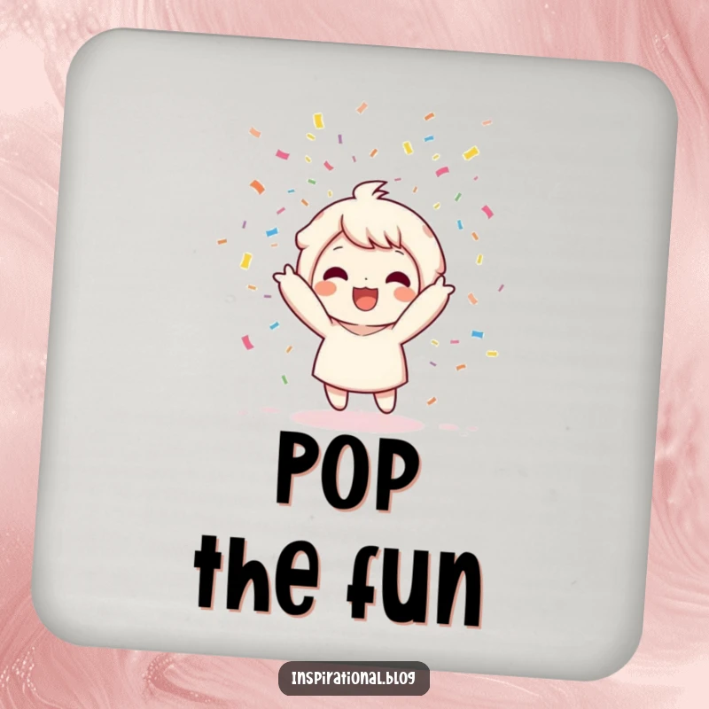 Funny drink coasters featuring a kawaii character joyfully throwing a confetti bomb, creating colorful celebration.