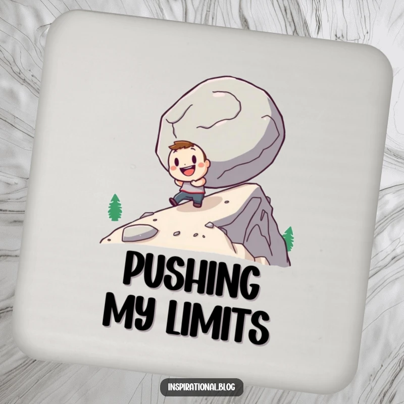 Funny drink coaster with a determined character cheerfully pushing a giant boulder uphill, perfect for tabletops and motivation.