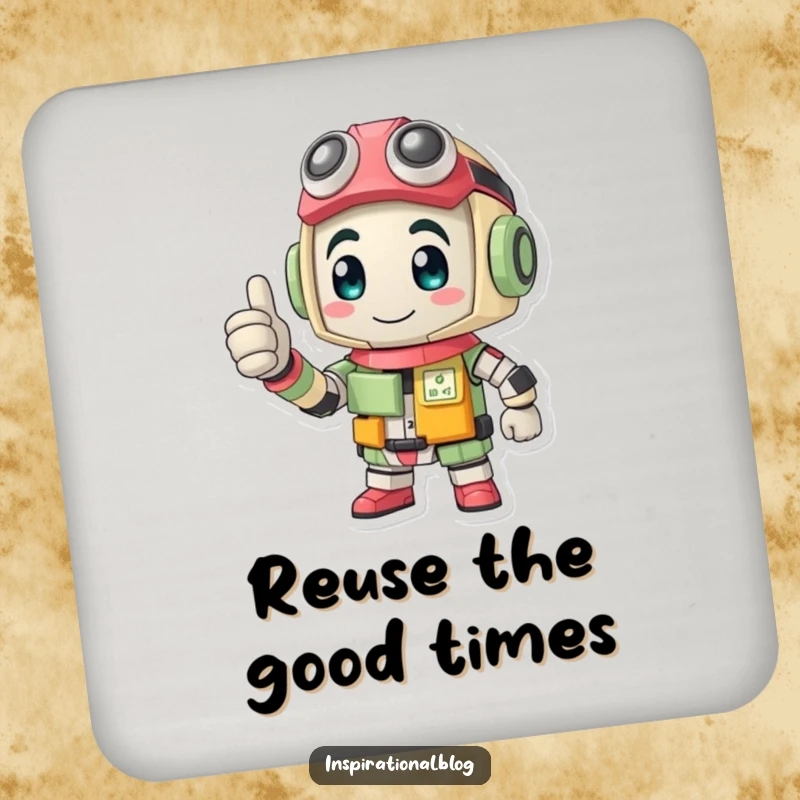 Funny drink coaster showcasing a determined recycled character made of parts, giving a thumbs-up gesture.